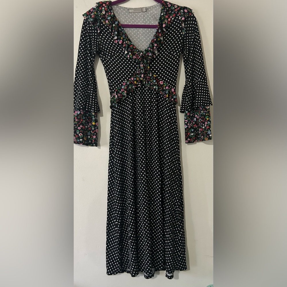 ASOS Black and White Polka Dot Dress with Floral Trim